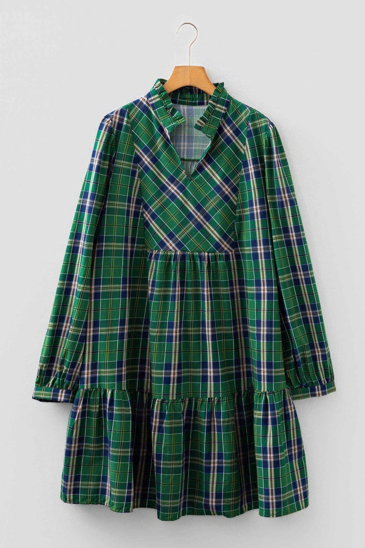 Green Plus Size Plaid Long Sleeve Notched Neck Shift Mini Dress-TOPS / DRESSES-[Adult]-[Female]-2022 Online Blue Zone Planet