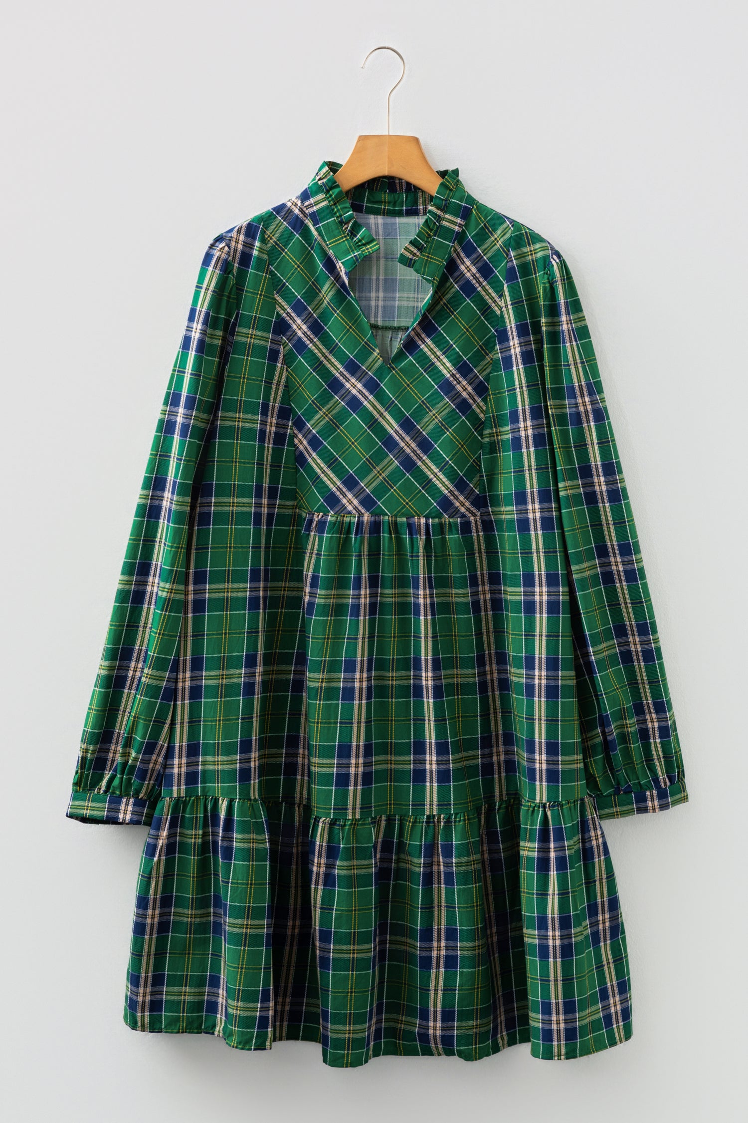 Green Plus Size Plaid Long Sleeve Notched Neck Shift Mini Dress-TOPS / DRESSES-[Adult]-[Female]-2022 Online Blue Zone Planet
