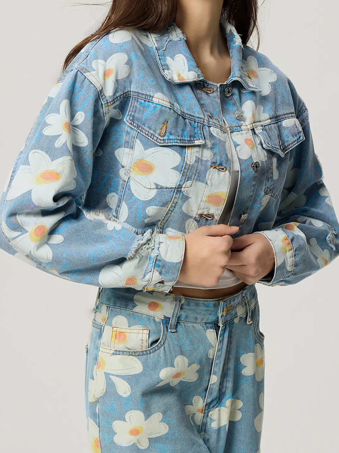 Blue Zone Planet | Distressed Raw Hem Floral Collared Neck Denim Top-TOPS / DRESSES-[Adult]-[Female]-2022 Online Blue Zone Planet