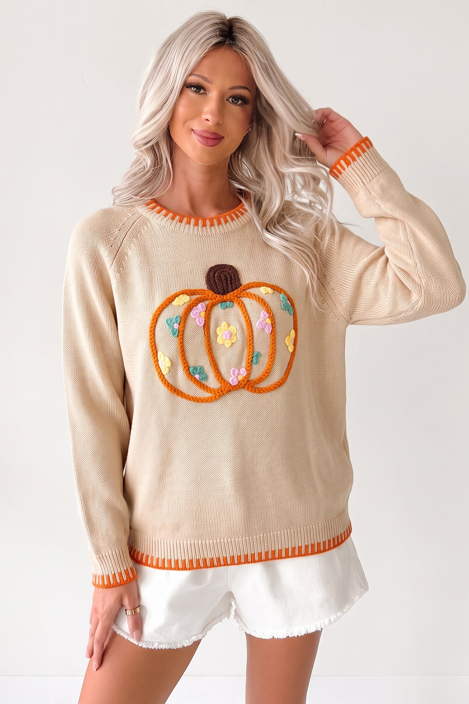 Parchment Floral Embroidery Pumpkin Long Sleeve Round Neck Sweater-Sweaters & Cardigans/Sweaters-[Adult]-[Female]-2022 Online Blue Zone Planet