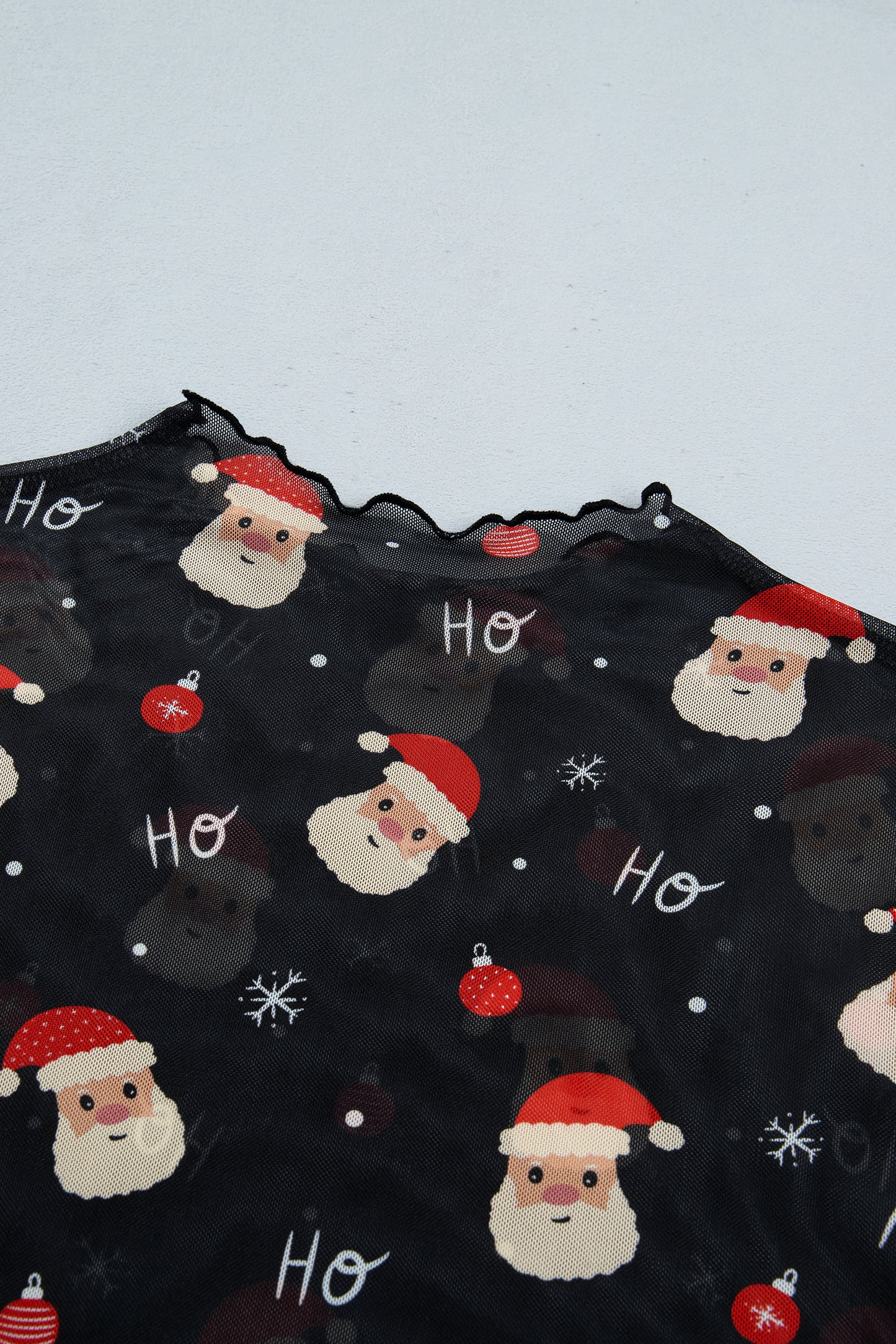 Black Santa Print Sheer Stand Neck Long Sleeve Top