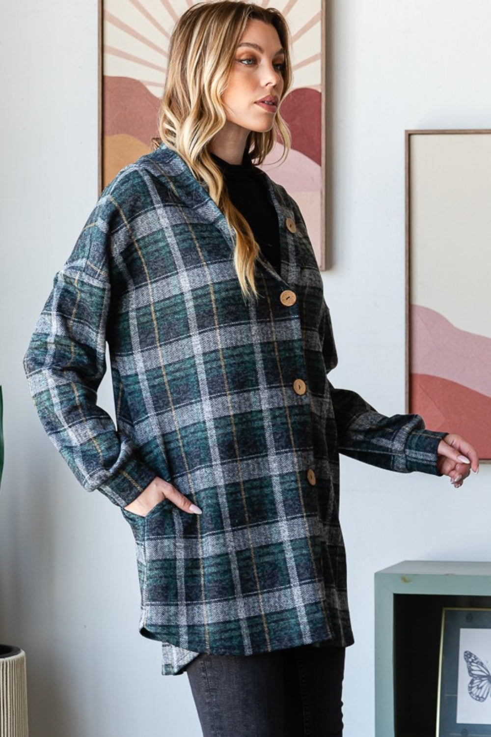 Blue Zone Planet | Heimish Plaid Button Down Long Sleeve Hooded Cardigan-TOPS / DRESSES-[Adult]-[Female]-2022 Online Blue Zone Planet