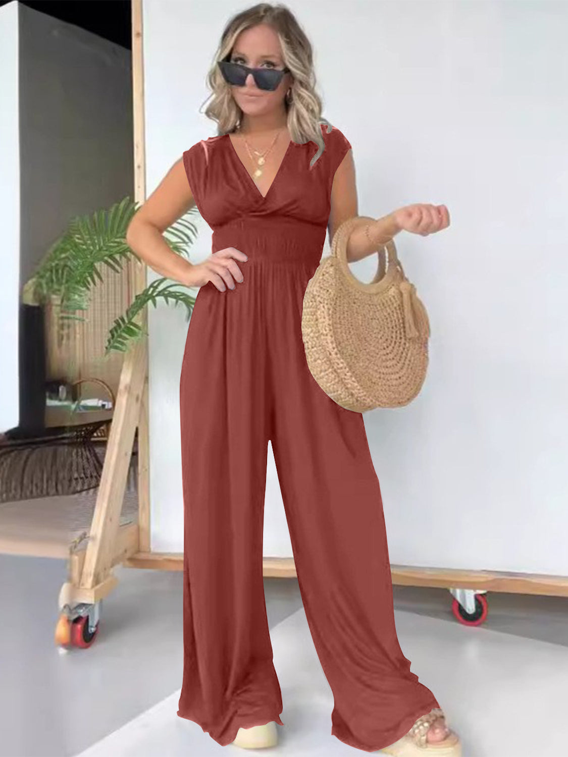 Smocked Cap Sleeve Wide Leg Jumpsuit-TOPS / DRESSES-[Adult]-[Female]-2022 Online Blue Zone Planet