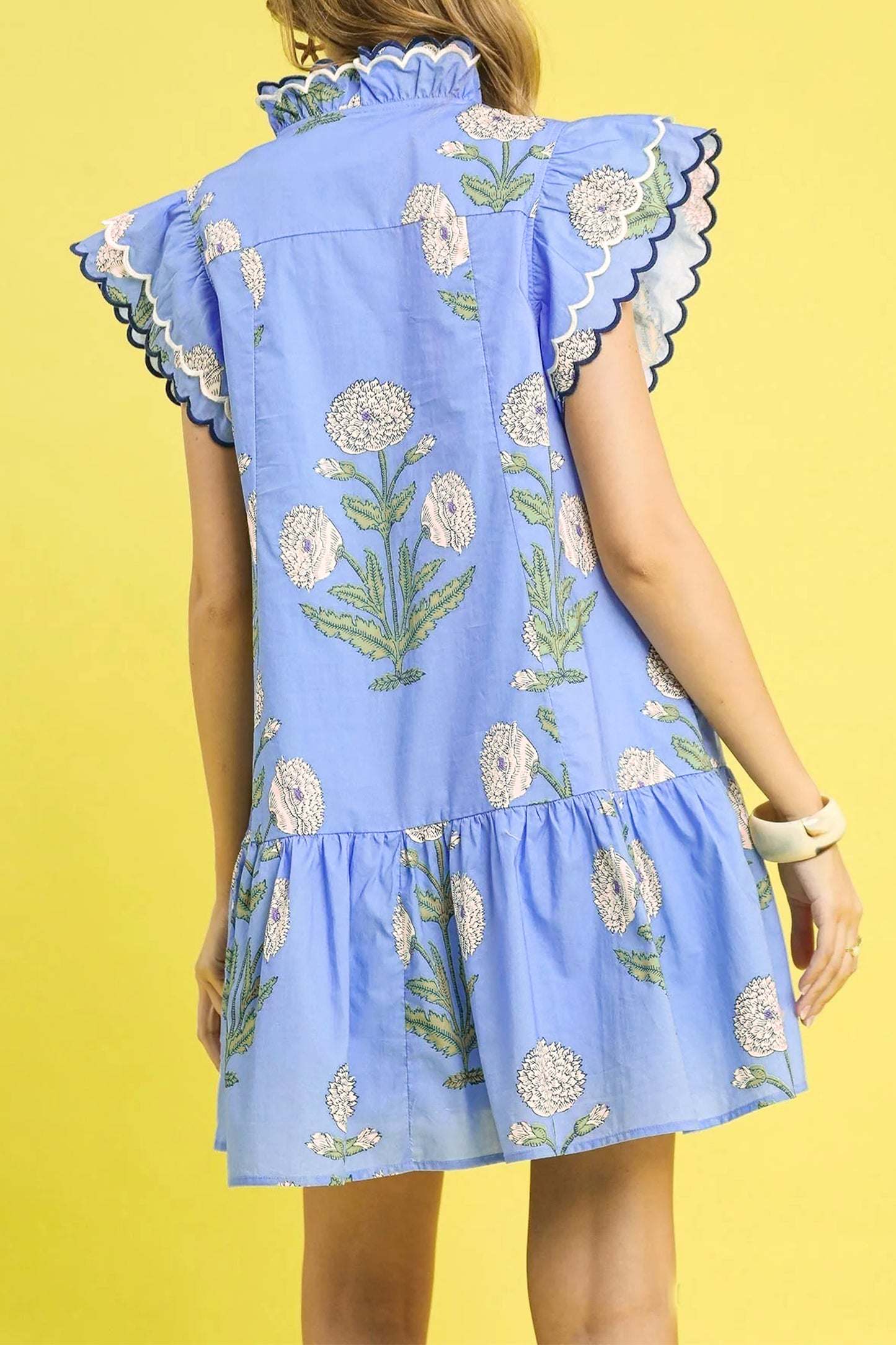 Sky Blue Wild Floral Print Scalloped Embroidery Trim V Neck Drop Waist Mini Dress-TOPS / DRESSES-[Adult]-[Female]-2022 Online Blue Zone Planet