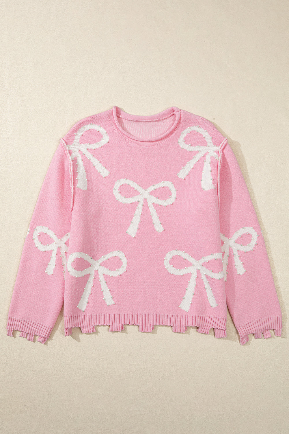 Blue Zone Planet | Pink Bow Pattern Pearl Embellished Raw Hem Sweater-Sweaters-[Adult]-[Female]-2022 Online Blue Zone Planet