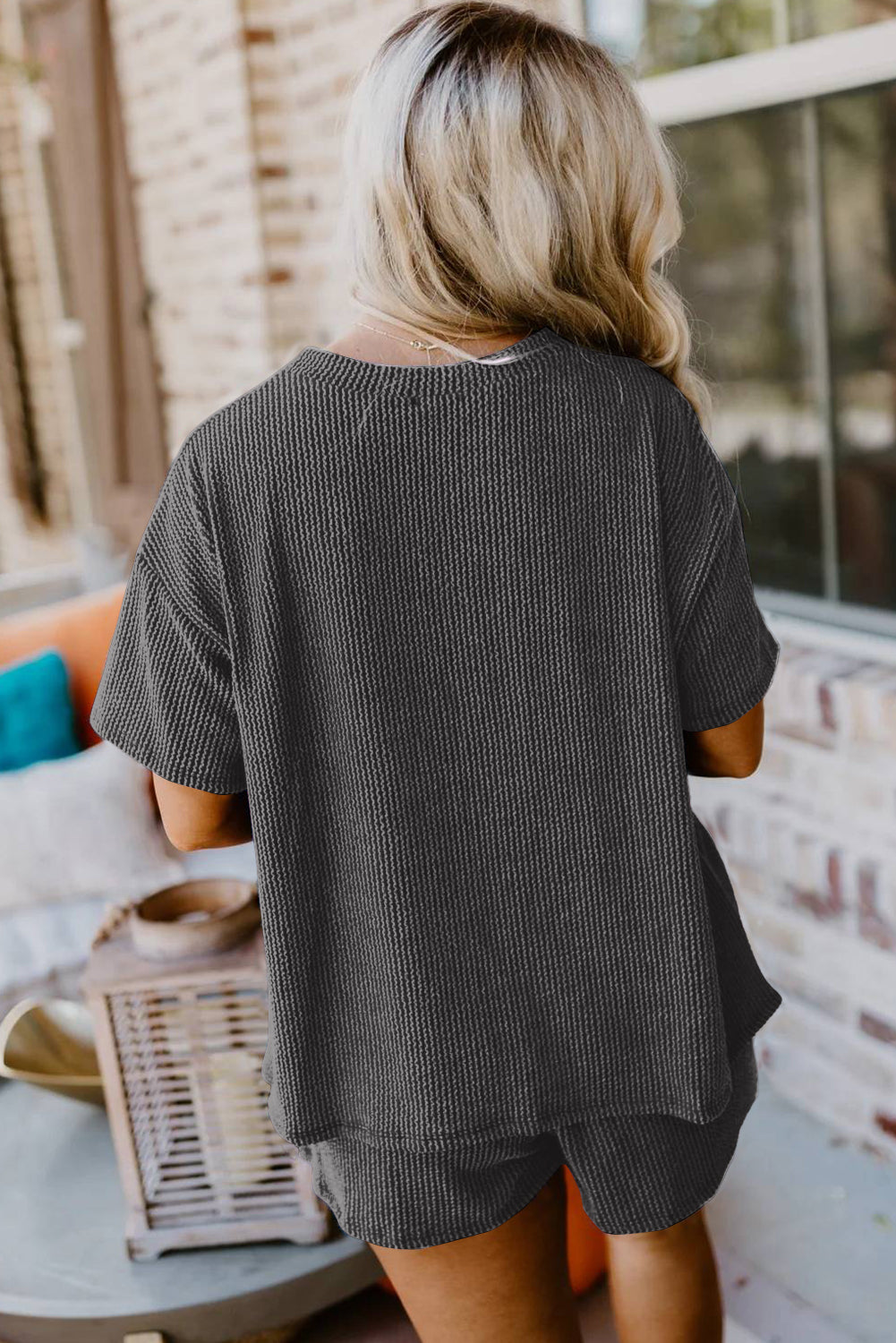 Carbon Grey Sequin Crawfish Food Print Textured Tee and Short Set-Graphic/Graphic Sets-[Adult]-[Female]-2022 Online Blue Zone Planet