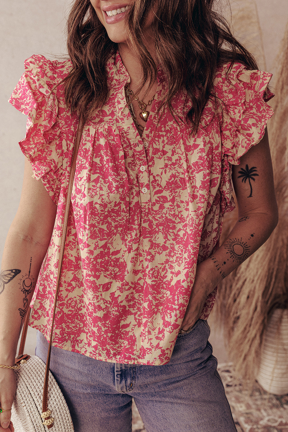 Rose Allover Printed Half Button Neck Ruffle Sleeve Blouse-Tops/Blouses & Shirts-[Adult]-[Female]-2022 Online Blue Zone Planet