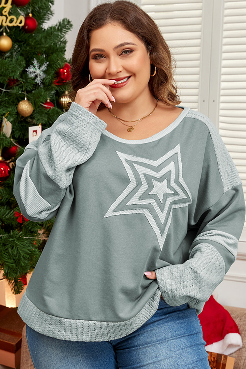 Blue Zone Planet | Mist Green Stars Patchwork Round Neck Plus Size T Shirt-TOPS / DRESSES-[Adult]-[Female]-2022 Online Blue Zone Planet