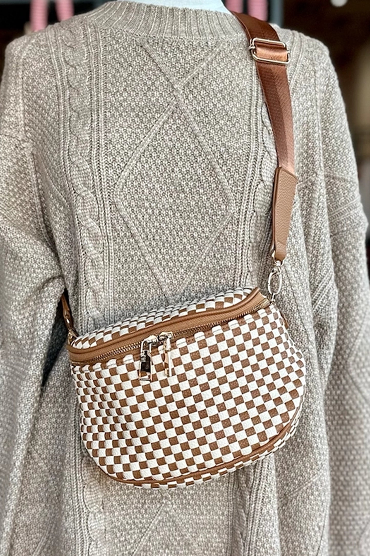 Straw Yellow Checkerboard Woven Zip Crossbody Bag