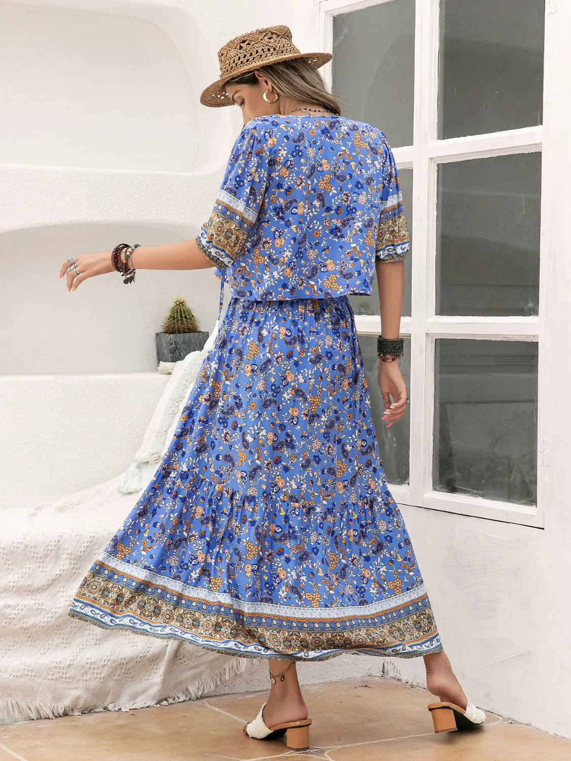 Ditsy Floral Tie Neck Top and Slit Skirt Set-BOTTOMS SIZES SMALL MEDIUM LARGE-[Adult]-[Female]-2022 Online Blue Zone Planet