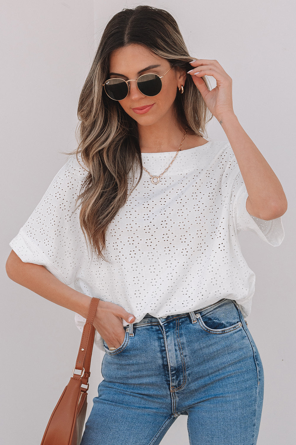 White Eyelet Pattern Boat Neck Casual Tee-Tops/Tops & Tees-[Adult]-[Female]-2022 Online Blue Zone Planet