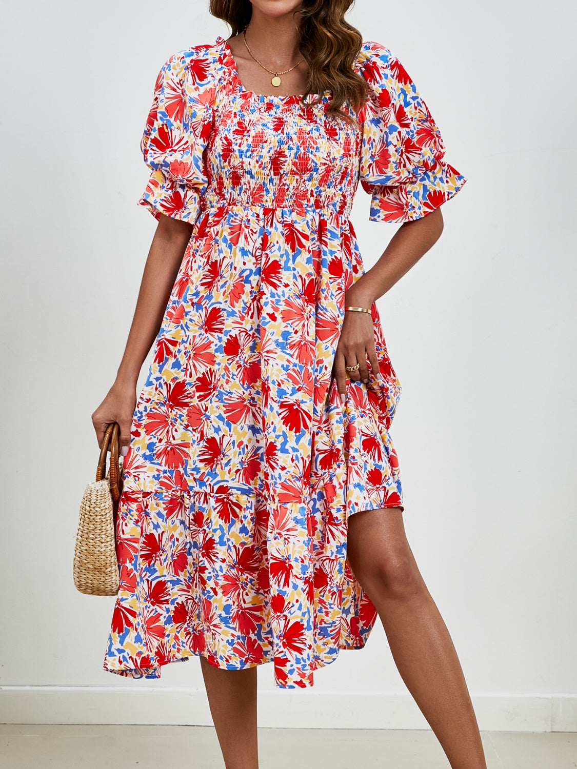 Sample Smocked Floral Square Neck Short Sleeve Dress