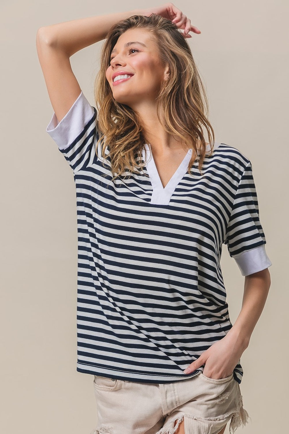 BiBi Contrast Striped Notched Knit Top-TOPS / DRESSES-[Adult]-[Female]-2022 Online Blue Zone Planet