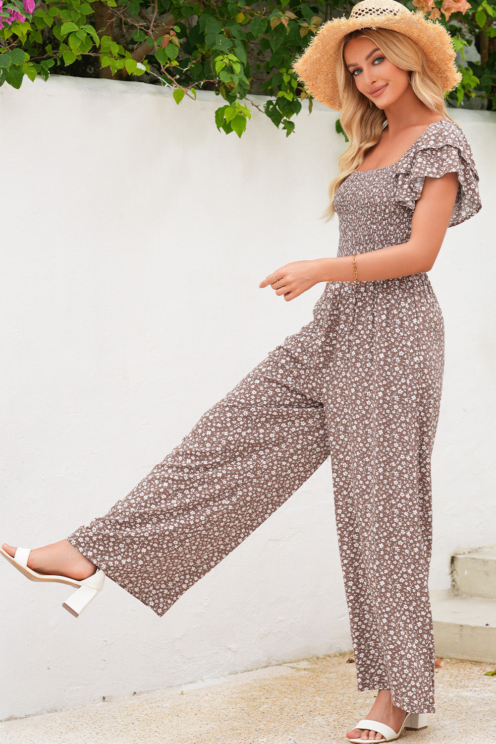 Brown Square Neck Ruffled Short Sleeve Wide Leg Floral Jumpsuit-Bottoms/Jumpsuits & Rompers-[Adult]-[Female]-2022 Online Blue Zone Planet
