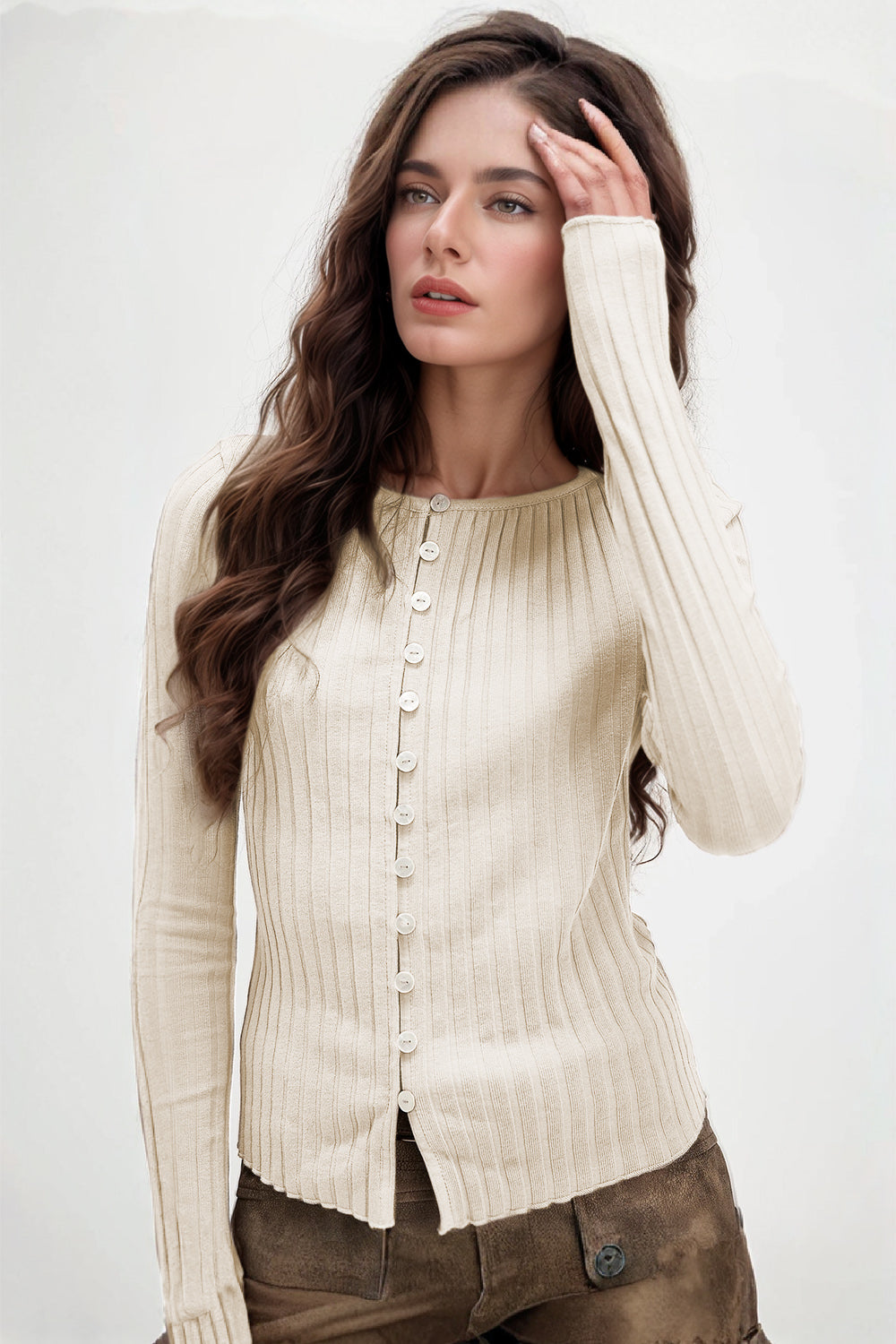 Basic Bae Texture Button Up Round Neck Long Sleeve Top-TOPS / DRESSES-[Adult]-[Female]-Beige-S-2022 Online Blue Zone Planet