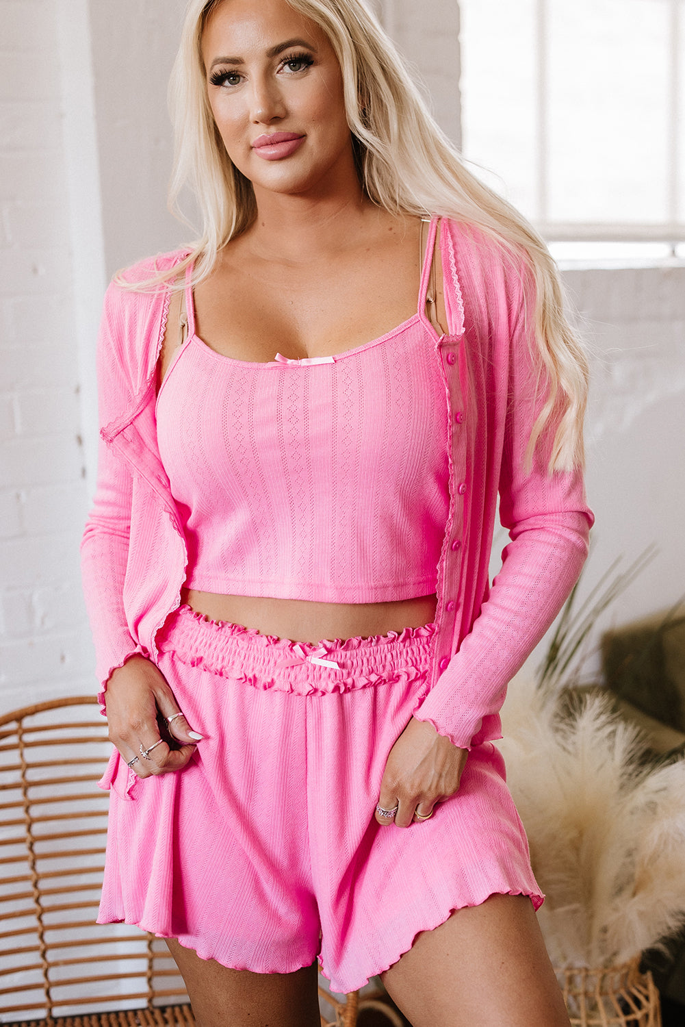 Bonbon Delicate Texture Cropped Cami Shorts And Cardigan 3Pcs Lounge Set-Loungewear & Sleepwear/Loungewear-[Adult]-[Female]-2022 Online Blue Zone Planet