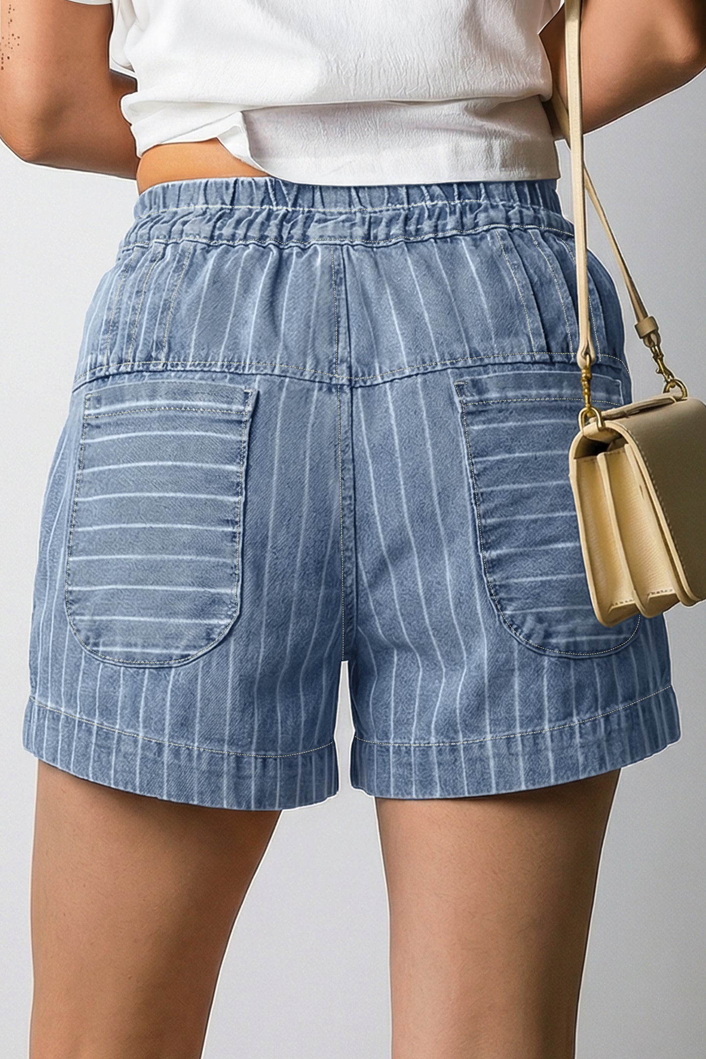 Sky Blue Stripe Drawstring Button Pleated High Waist Denim Shorts-Bottoms/Denim Shorts-[Adult]-[Female]-2022 Online Blue Zone Planet