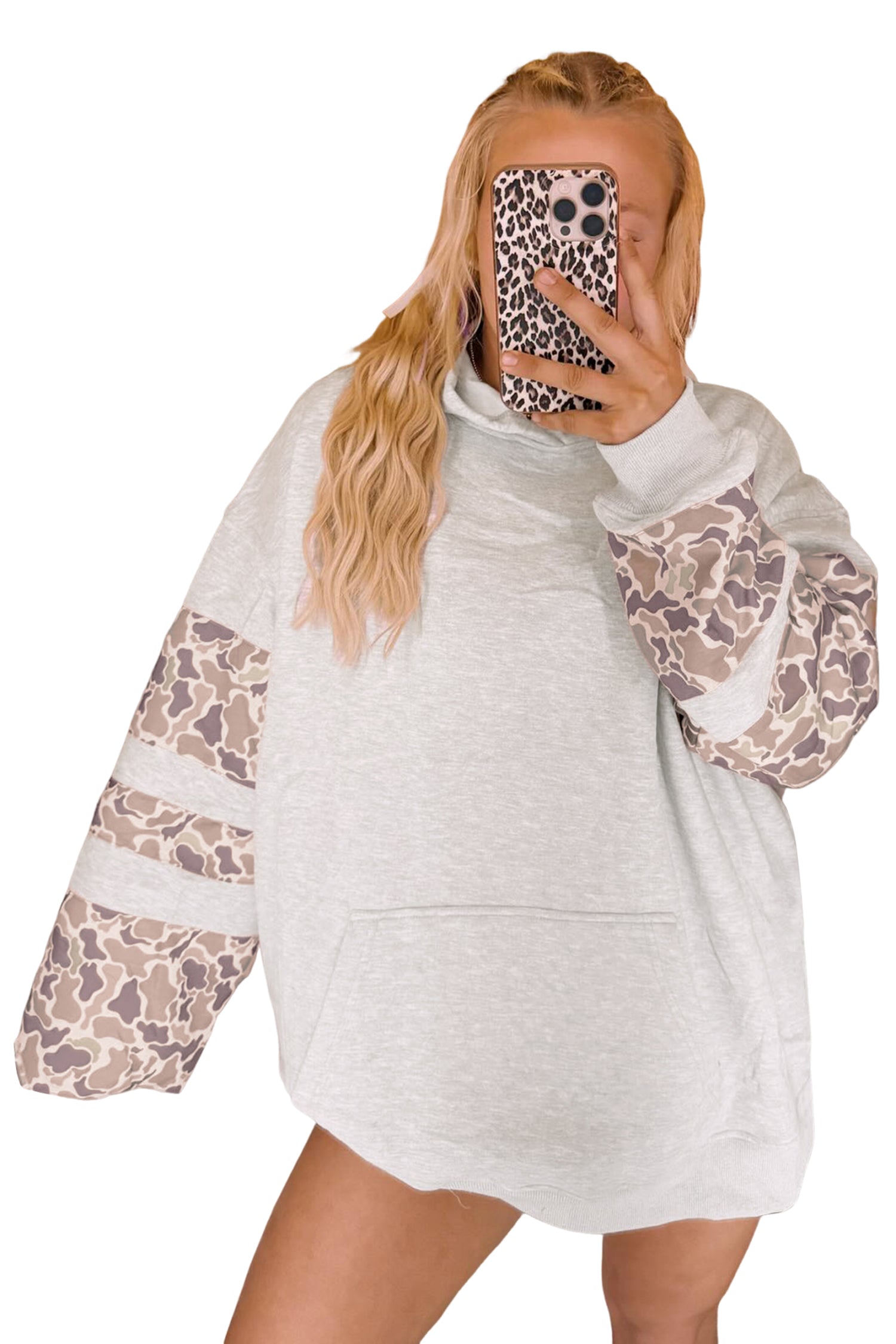 Light Grey Patchwork Camo Long Sleeve Hoodie-Tops/Sweatshirts & Hoodies-[Adult]-[Female]-2022 Online Blue Zone Planet