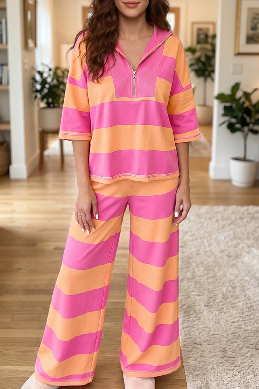 Orange Stripe Colorblock Half Sleeve Top Casual Loose Pants 2pcs Set-Two Piece Sets/Pant Sets-[Adult]-[Female]-Orange Stripe-S-2022 Online Blue Zone Planet