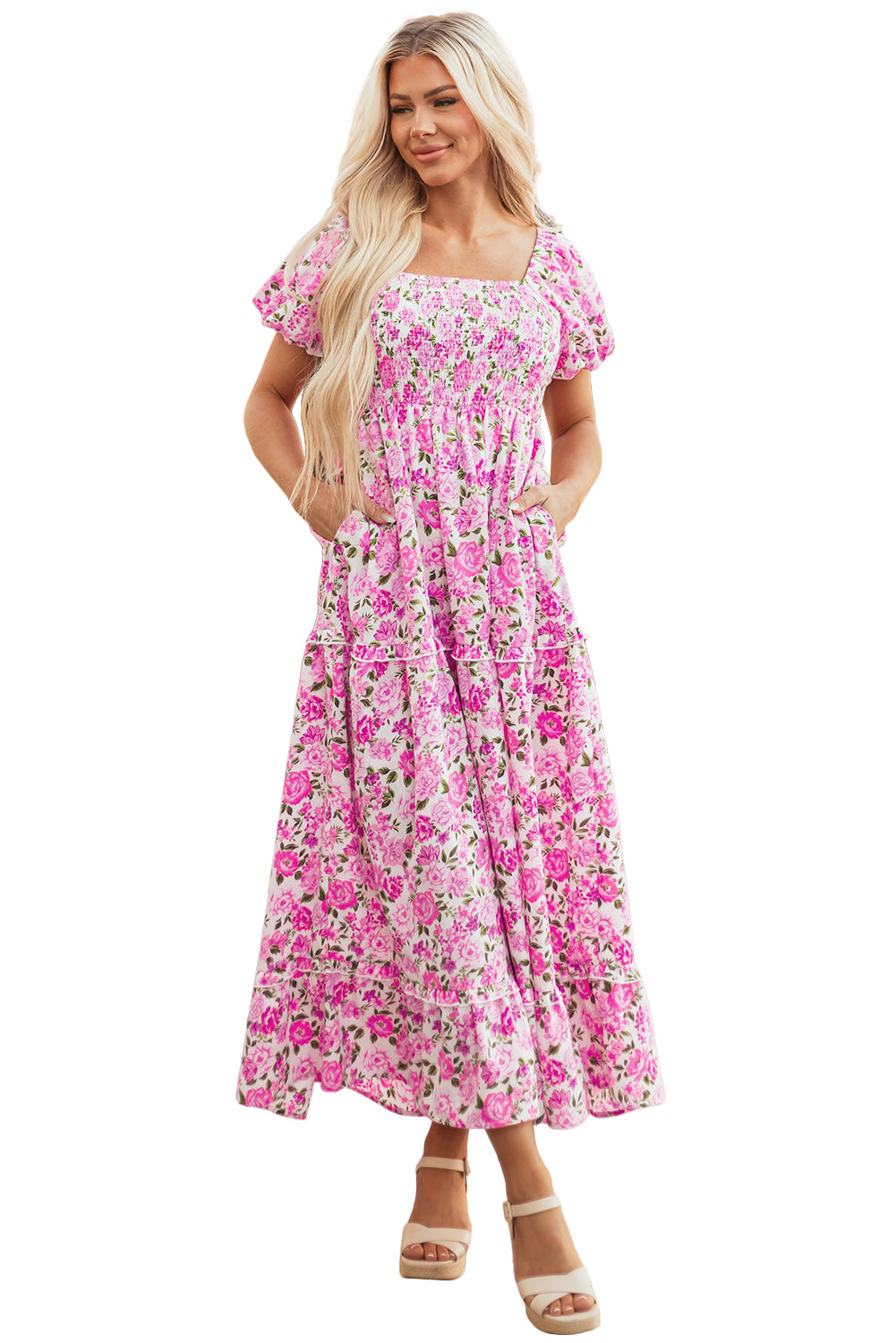 Pink Dainty Floral Smocked Puff Sleeve Flowy Long Dress-TOPS / DRESSES-[Adult]-[Female]-2022 Online Blue Zone Planet