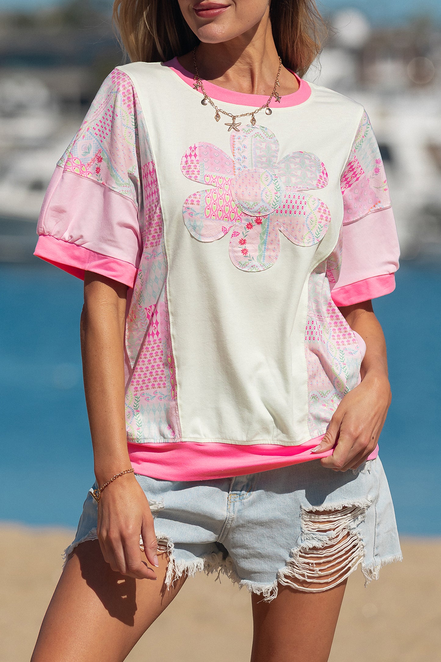 Beige Color Block Floral Patchwork Big Flower Accent Relaxed Top-Tops/Tops & Tees-[Adult]-[Female]-2022 Online Blue Zone Planet
