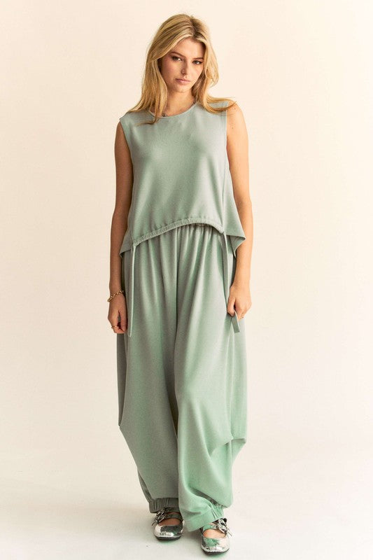 Davi & Dani Drawstring Hem Round Neck Tank and Pants Set-TOPS / DRESSES-[Adult]-[Female]-Light Green-S-2022 Online Blue Zone Planet