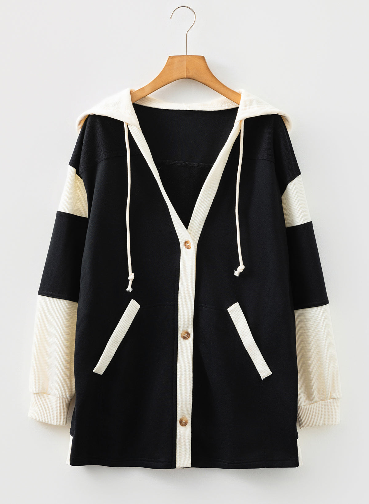 Black Waffle Contrast Knit Color Block Patchwork Button Front Oversize Hoodie-Tops / Dresses-[Adult]-[Female]-2022 Online Blue Zone Planet