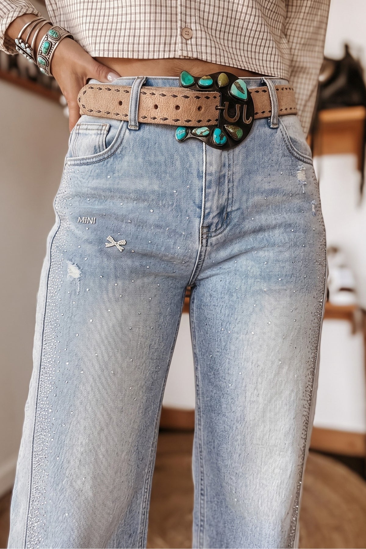Beau Blue Rhinestone Embellished Western Ripped Shift Jeans