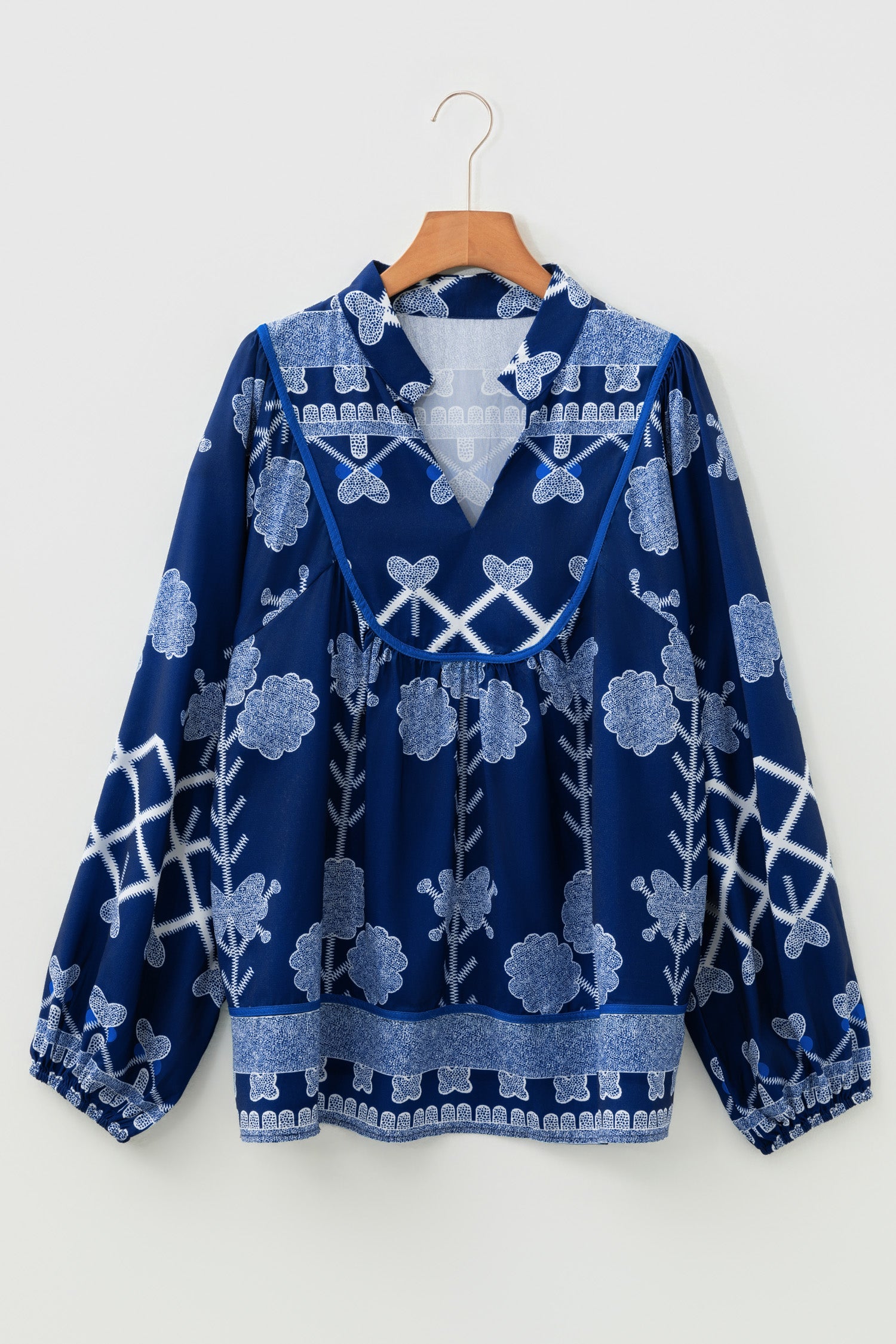 Blue Plus Size Floral Printed Notched Neck Long Sleeve Blouse-Plus Size/Plus Size Tops/Plus Size Blouses & Shirts-[Adult]-[Female]-2022 Online Blue Zone Planet