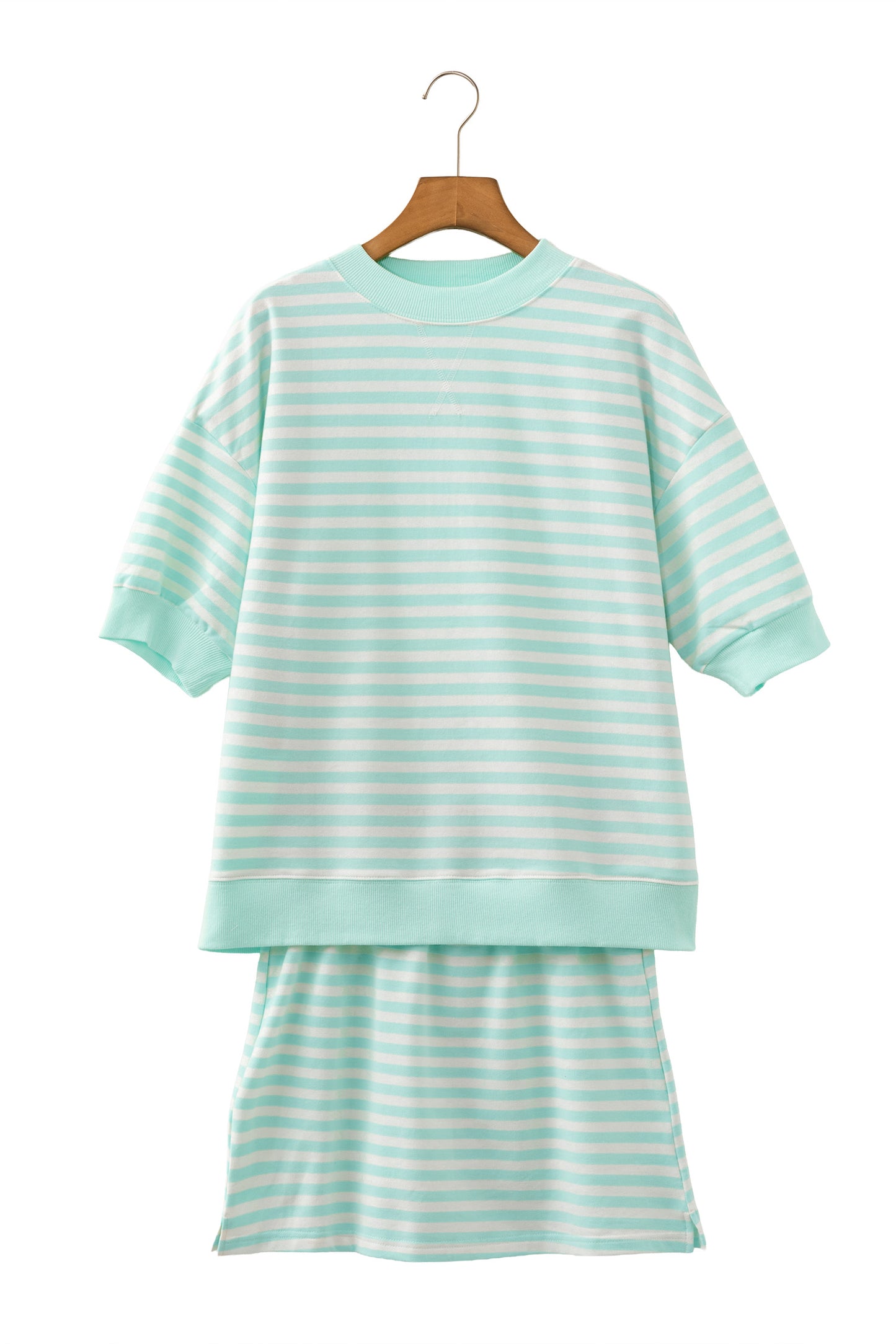 Green Stripe Ribbed Color Block Trim Half Sleeve Top Mini Skort 2pcs Outfit-Two Piece Sets/Two Piece Dresses-[Adult]-[Female]-2022 Online Blue Zone Planet