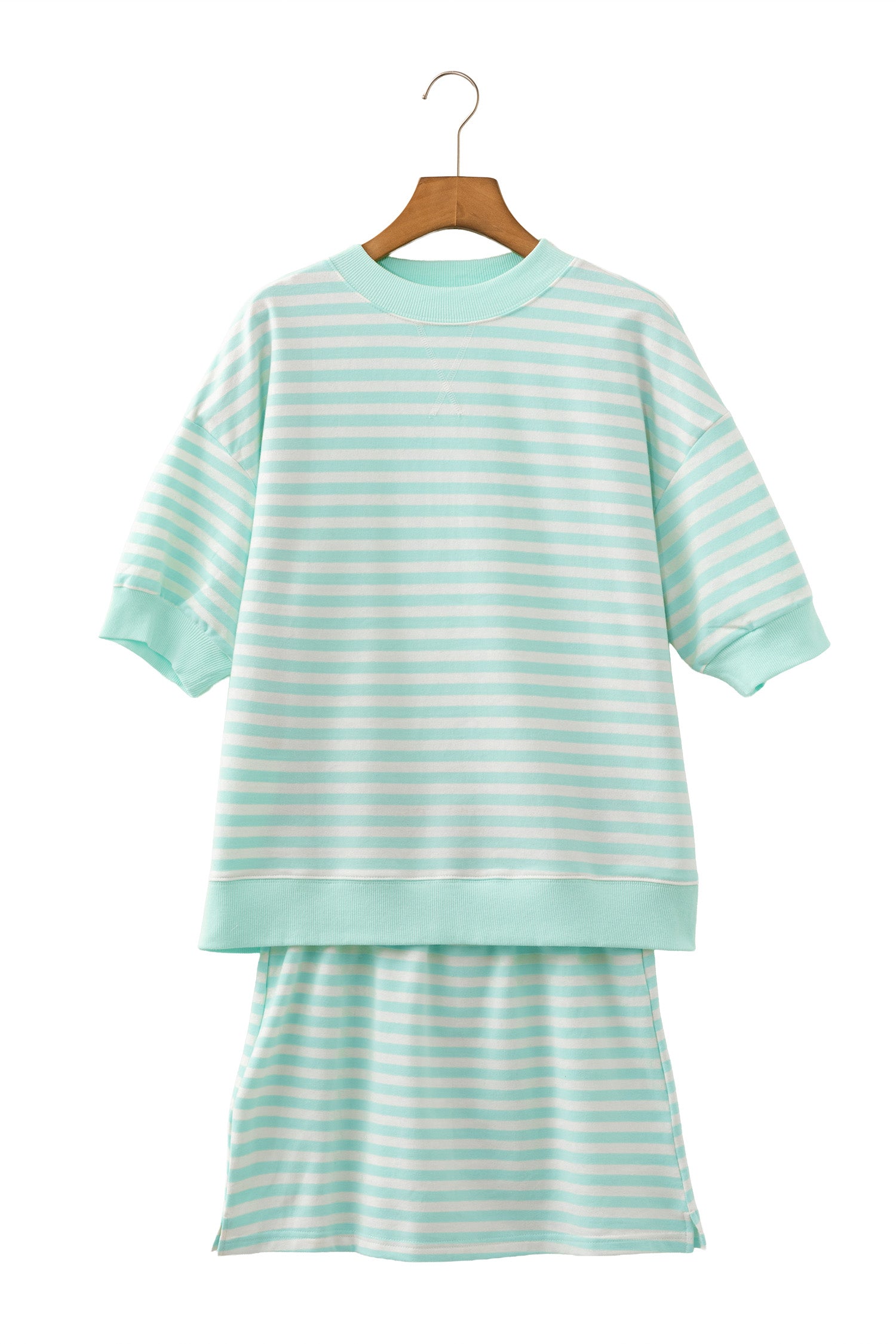 Green Stripe Ribbed Color Block Trim Half Sleeve Top Mini Skort 2pcs Outfit-Two Piece Sets/Two Piece Dresses-[Adult]-[Female]-2022 Online Blue Zone Planet