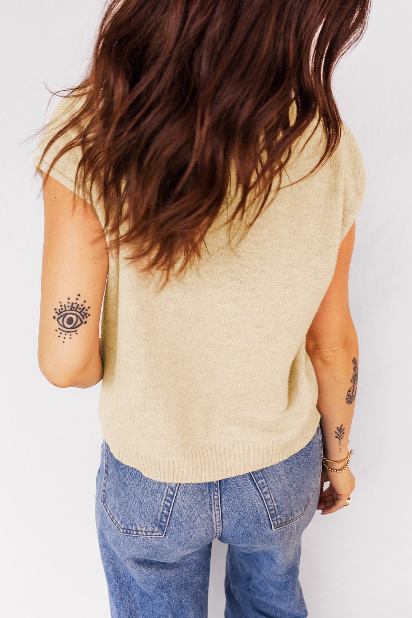 Apricot Buttoned Front Rolled Hem Cap Sleeve Sweater Top-Sweaters & Cardigans/Short Sleeve Sweaters-[Adult]-[Female]-2022 Online Blue Zone Planet