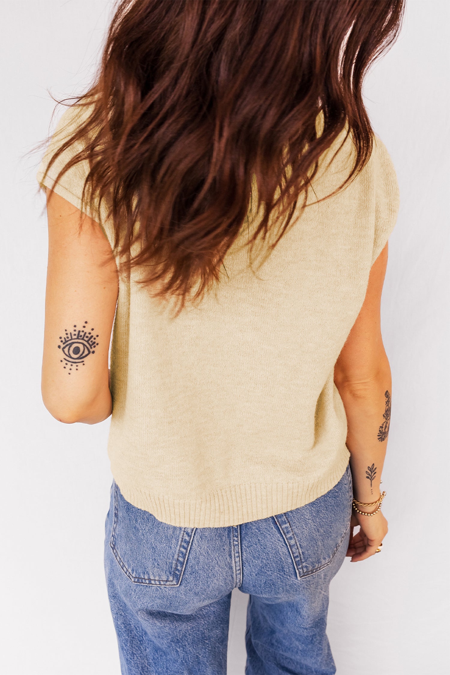 Apricot Buttoned Front Rolled Hem Cap Sleeve Sweater Top-Sweaters & Cardigans/Short Sleeve Sweaters-[Adult]-[Female]-2022 Online Blue Zone Planet