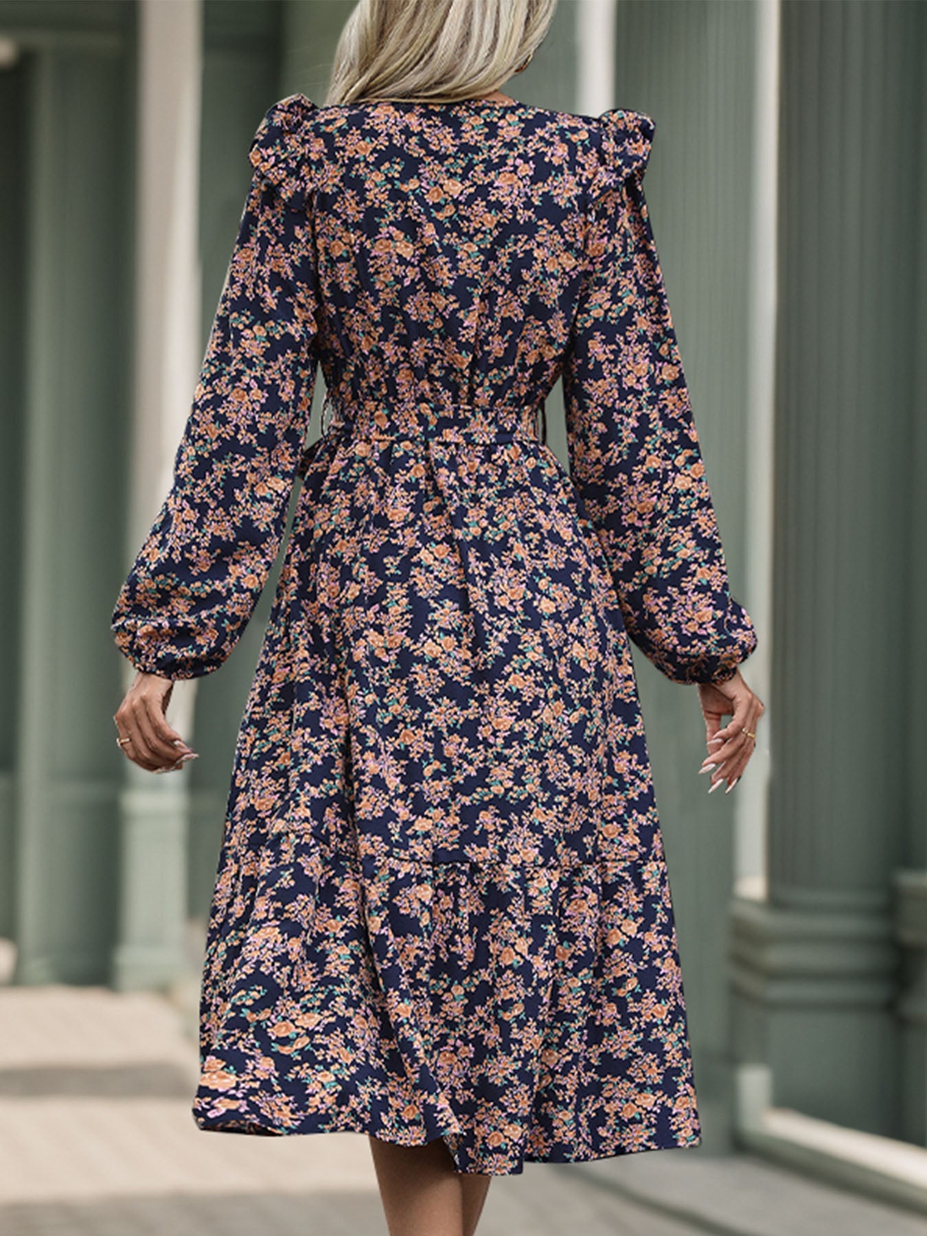 Printed Surplice Long Sleeve Midi Dress-TOPS / DRESSES-[Adult]-[Female]-2022 Online Blue Zone Planet