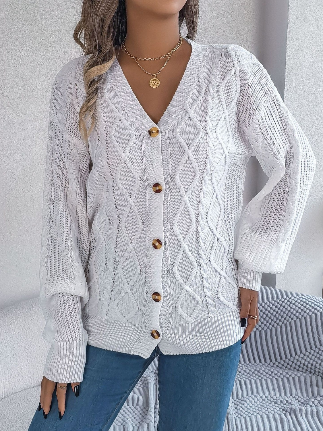 Cable-Knit Long Sleeve Cardigan-TOPS / DRESSES-[Adult]-[Female]-White-S-2022 Online Blue Zone Planet