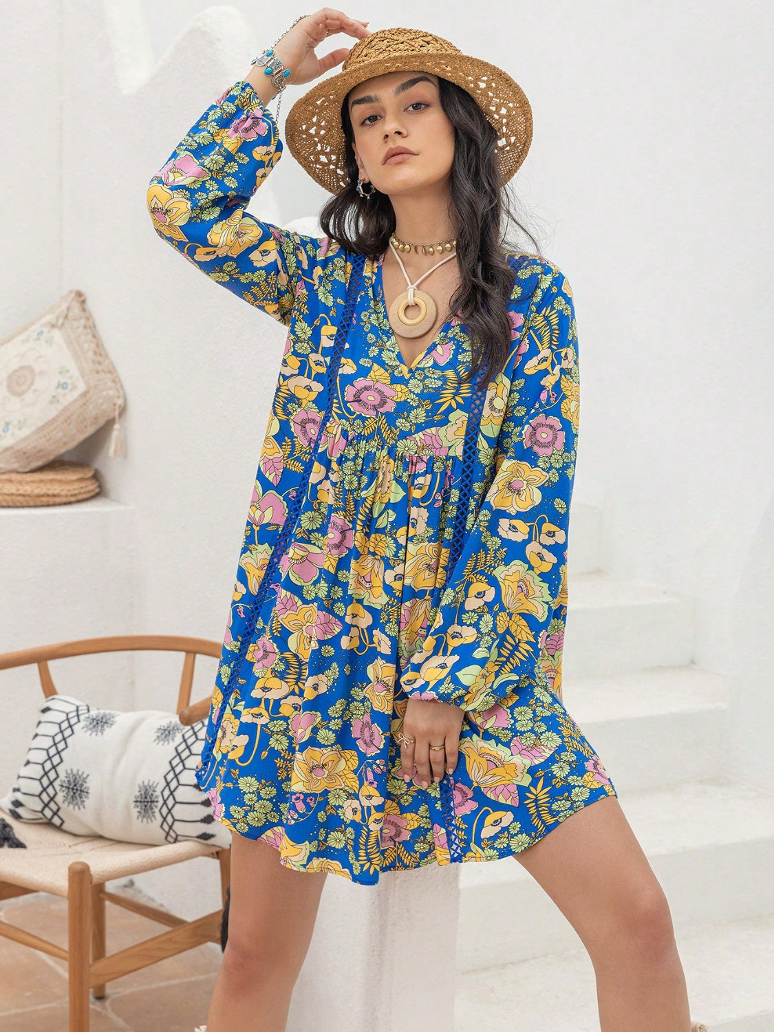 Blue Zone Planet | Printed V-Neck Balloon Sleeve Mini Dress-TOPS / DRESSES-[Adult]-[Female]-2022 Online Blue Zone Planet