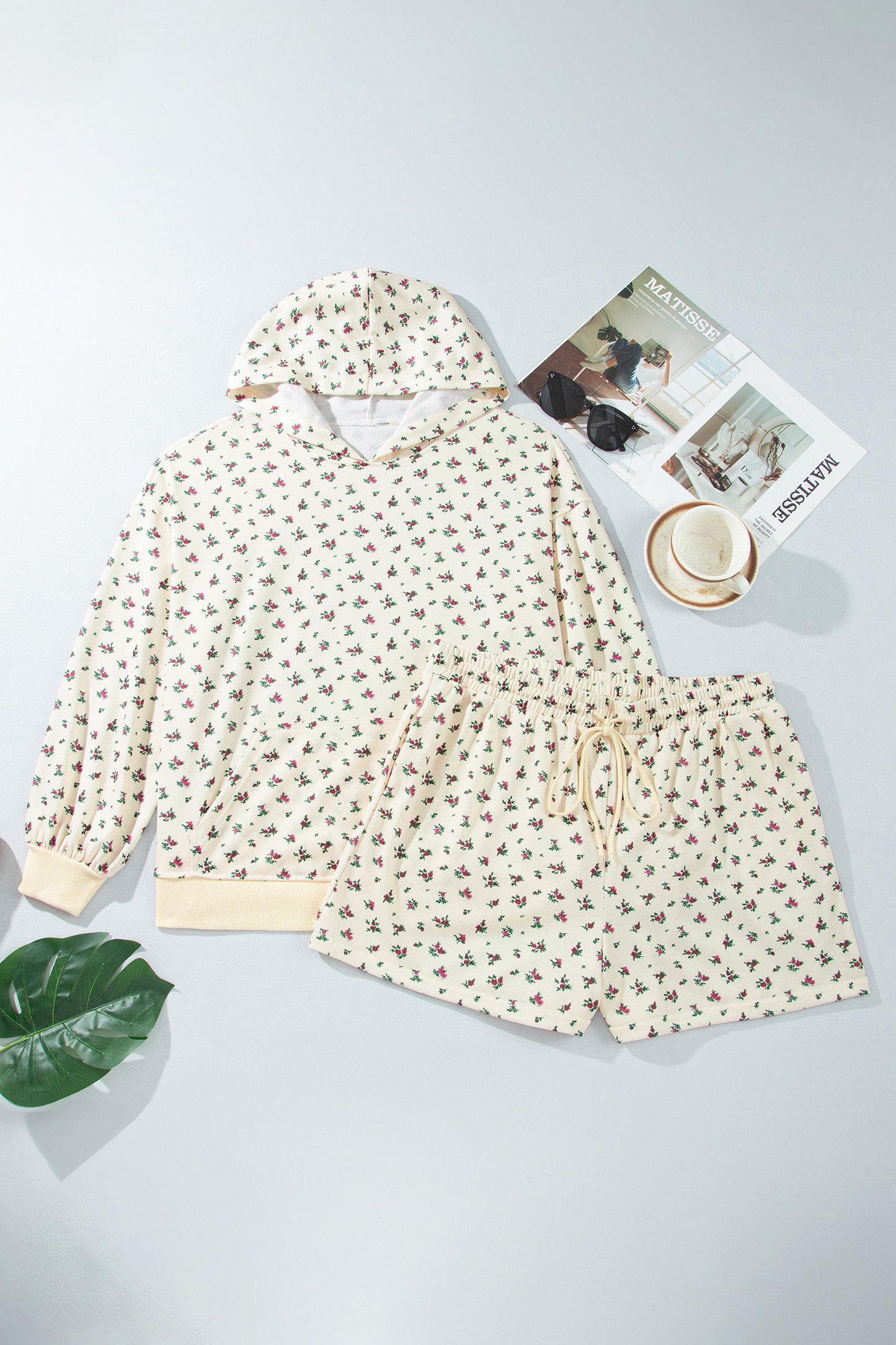 Beige Floral Print Hooded Long Sleeve Plus Size Set