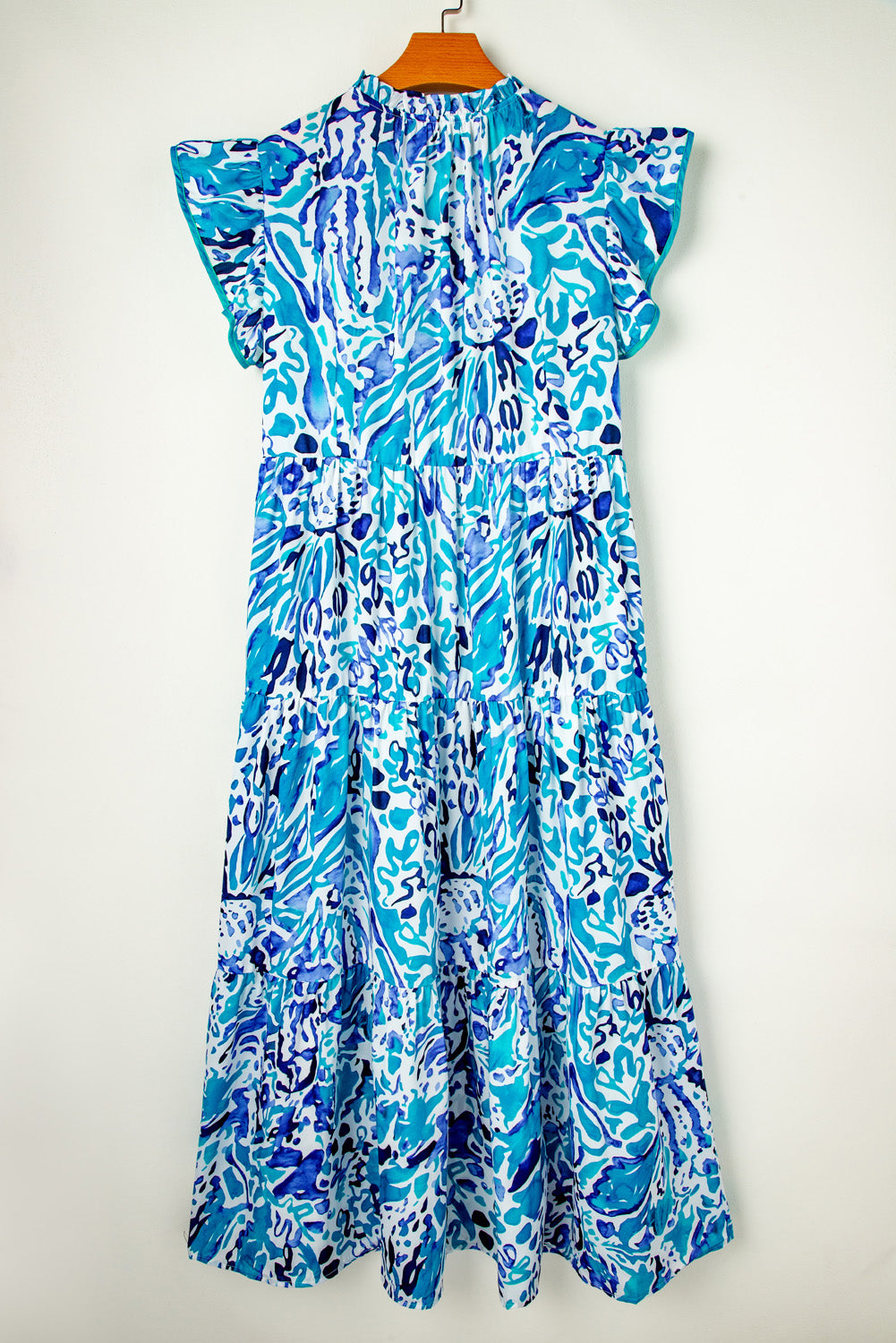 Blue Zone Planet | Sky Blue Plus Abstract Print Split Neck Ruffled Sleeve Tiered Long Dress-TOPS / DRESSES-[Adult]-[Female]-2022 Online Blue Zone Planet