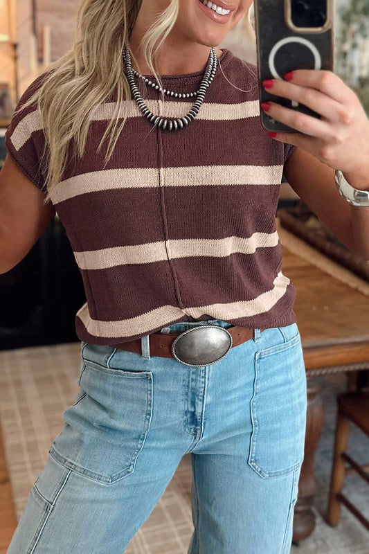 Brown Stripe Knit Western Short Sleeve Sweater-Sweaters & Cardigans/Short Sleeve Sweaters-[Adult]-[Female]-2022 Online Blue Zone Planet