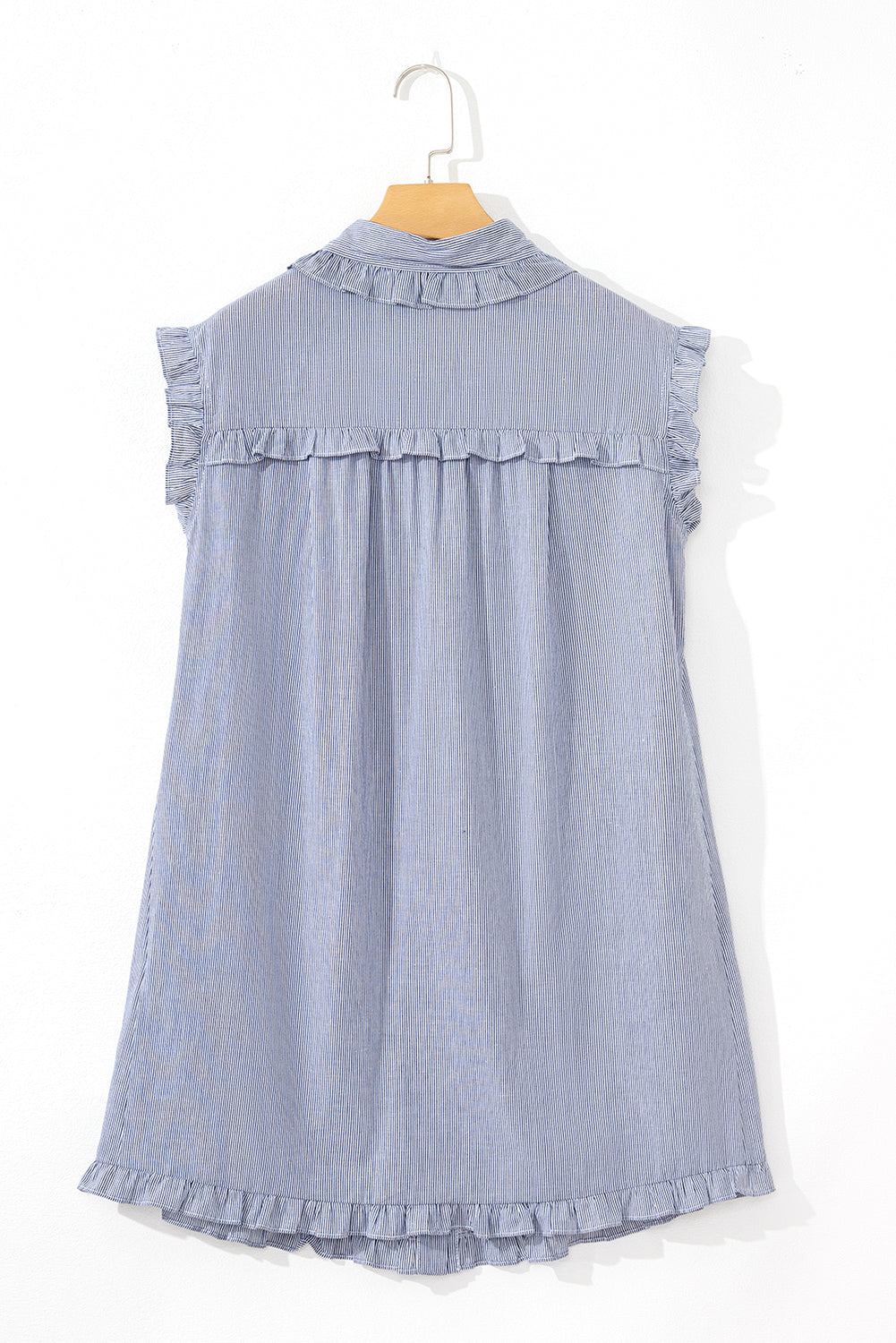 Blue Stripe Frilled Sleeveless Collar Front Pocket Button Up Mini Dress-TOPS / DRESSES-[Adult]-[Female]-2022 Online Blue Zone Planet