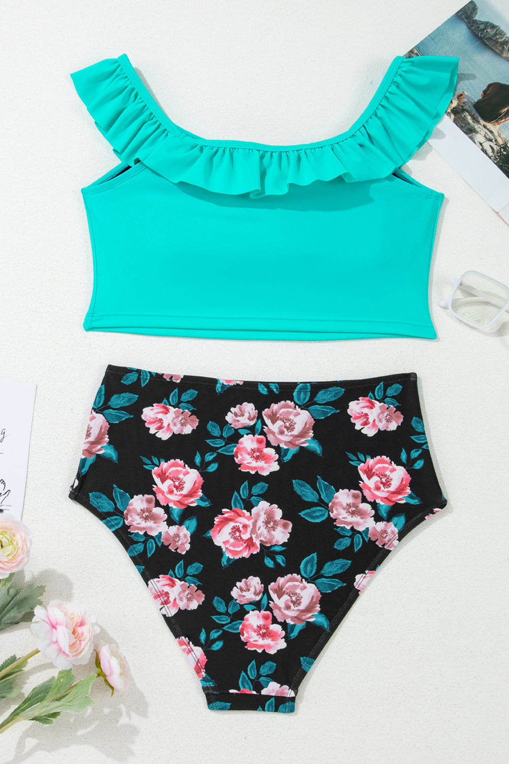 Sea Green Ruffle Square Neck Swim Top and Floral Shorts Bikini Set-Bikini Sets-[Adult]-[Female]-2022 Online Blue Zone Planet