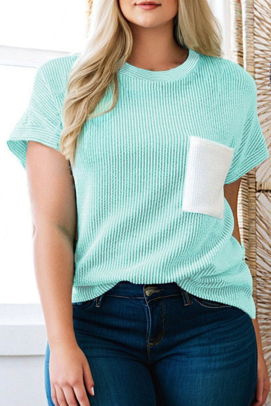 Light Blue Twisted Rib Contrast Pocket Knit Crew Neck Plus Size T Shirt-Plus Size/Plus Size Tops/Plus Size Tops & Tees-[Adult]-[Female]-Light Blue-1X-2022 Online Blue Zone Planet