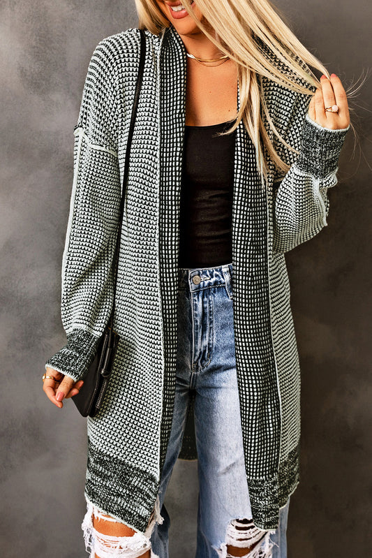 Gray Plaid Knitted Long Open Front Cardigan-Sweaters & Cardigans/Cardigans-[Adult]-[Female]-Gray-S-2022 Online Blue Zone Planet