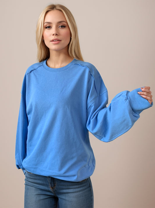 Exposed Seam Round Neck Long Sleeve Sweatshirt-TOPS / DRESSES-[Adult]-[Female]-Blue-S-2022 Online Blue Zone Planet