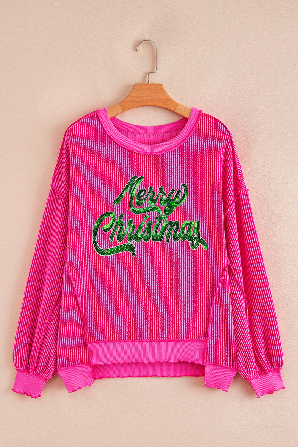 Strawberry Pink Twisted Ribbed Texture Merry Christmas Sequins Patch Top-Graphic Apparel-[Adult]-[Female]-2022 Online Blue Zone Planet