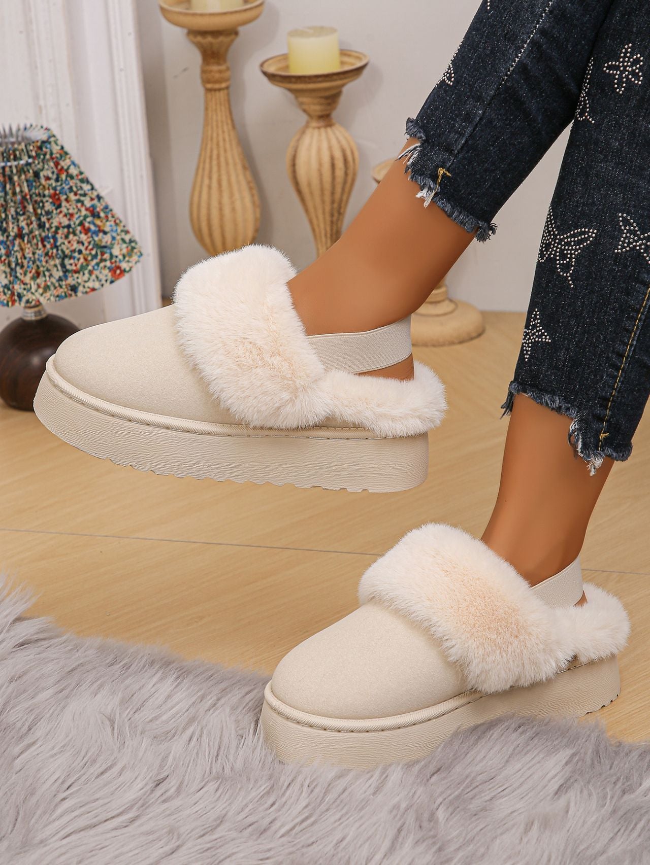 Blue Zone Planet | Faux Fur Round Toe Platform Slippers-SHOES-[Adult]-[Female]-2022 Online Blue Zone Planet