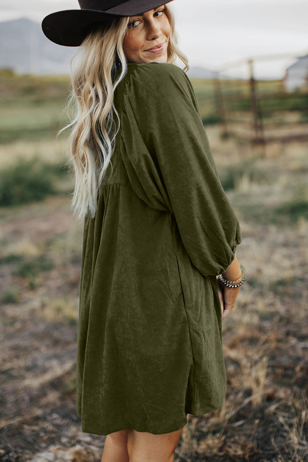 Blue Zone Planet | Vineyard Green Corduroy Snap Buttons Empire Waist Bracelet Sleeve Mini Dress-TOPS / DRESSES-[Adult]-[Female]-2022 Online Blue Zone Planet