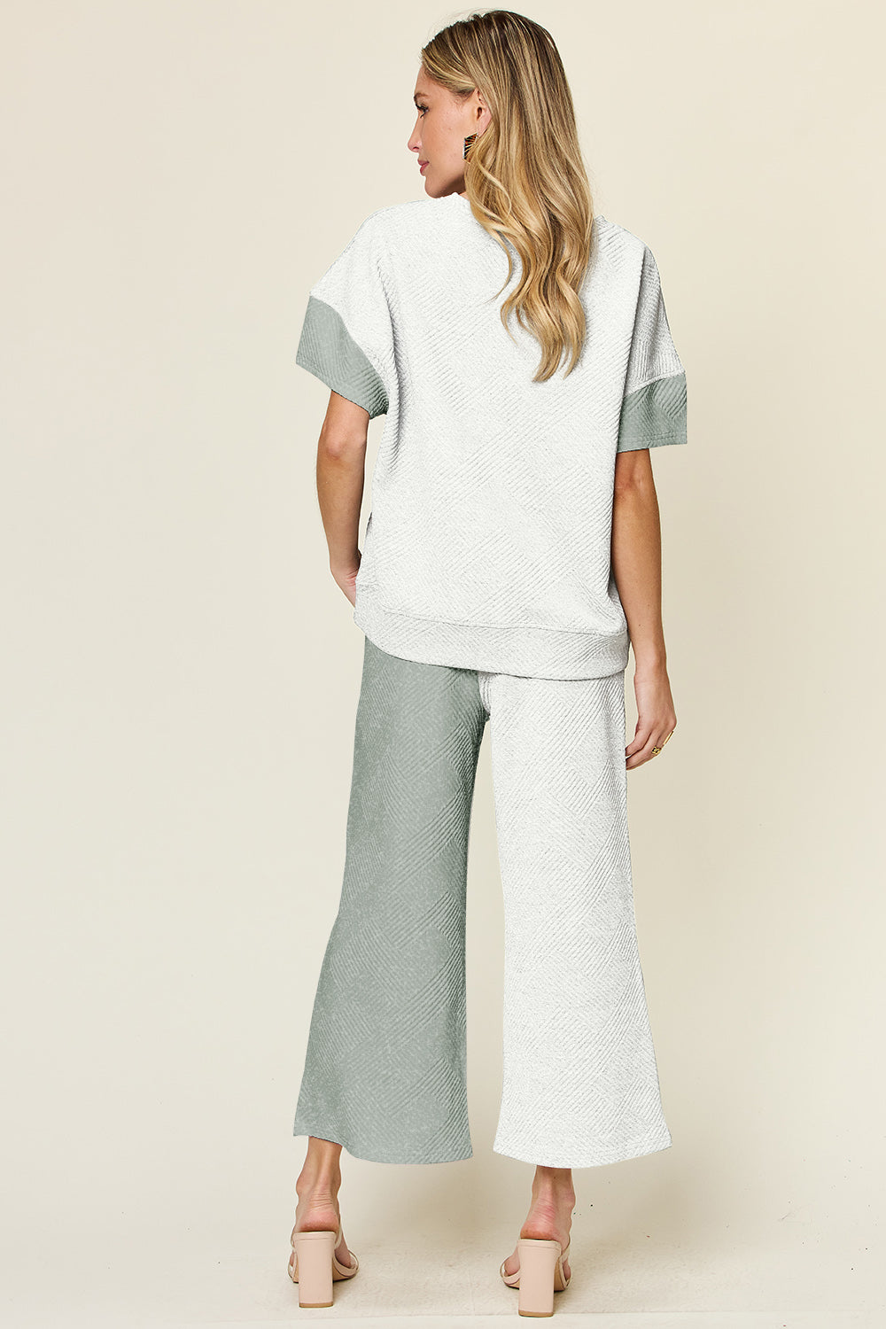 Blue Zone Planet | Double Take Full Size Texture Contrast T-Shirt and Wide Leg Pants Set-TOPS / DRESSES-[Adult]-[Female]-2022 Online Blue Zone Planet