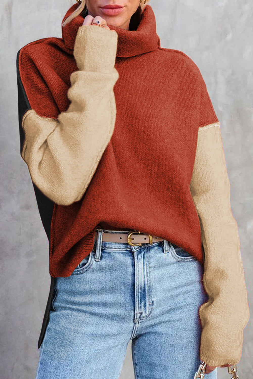 White Color Block Turtle Neck Drop Shoulder Knit Sweater-TOPS / DRESSES-[Adult]-[Female]-Clay Red-S-2022 Online Blue Zone Planet