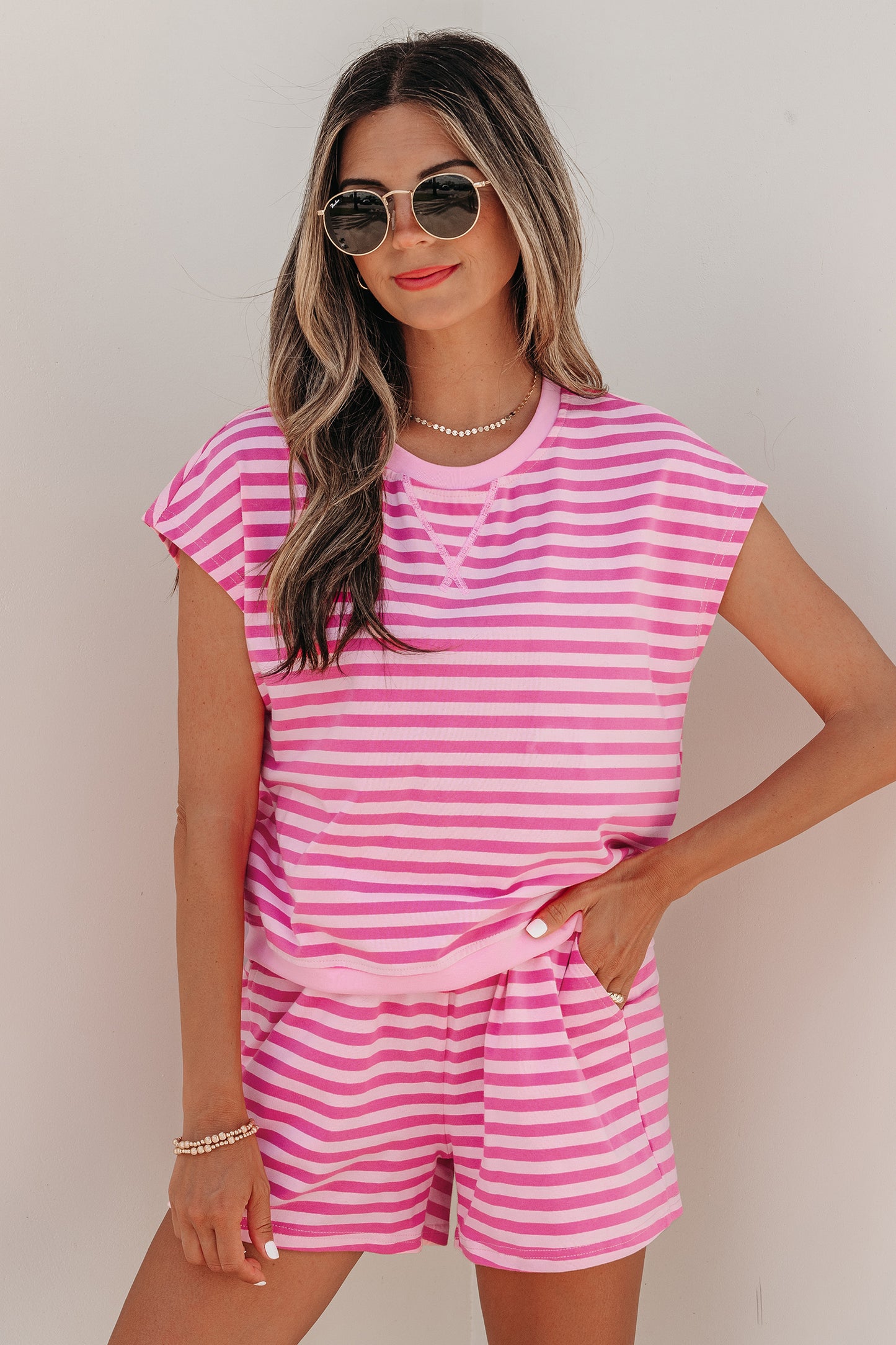Pink Stripe Cap Sleeve Tee Elastic Waist Shorts 2pcs Outfit-Two Piece Sets/Short Sets-[Adult]-[Female]-2022 Online Blue Zone Planet